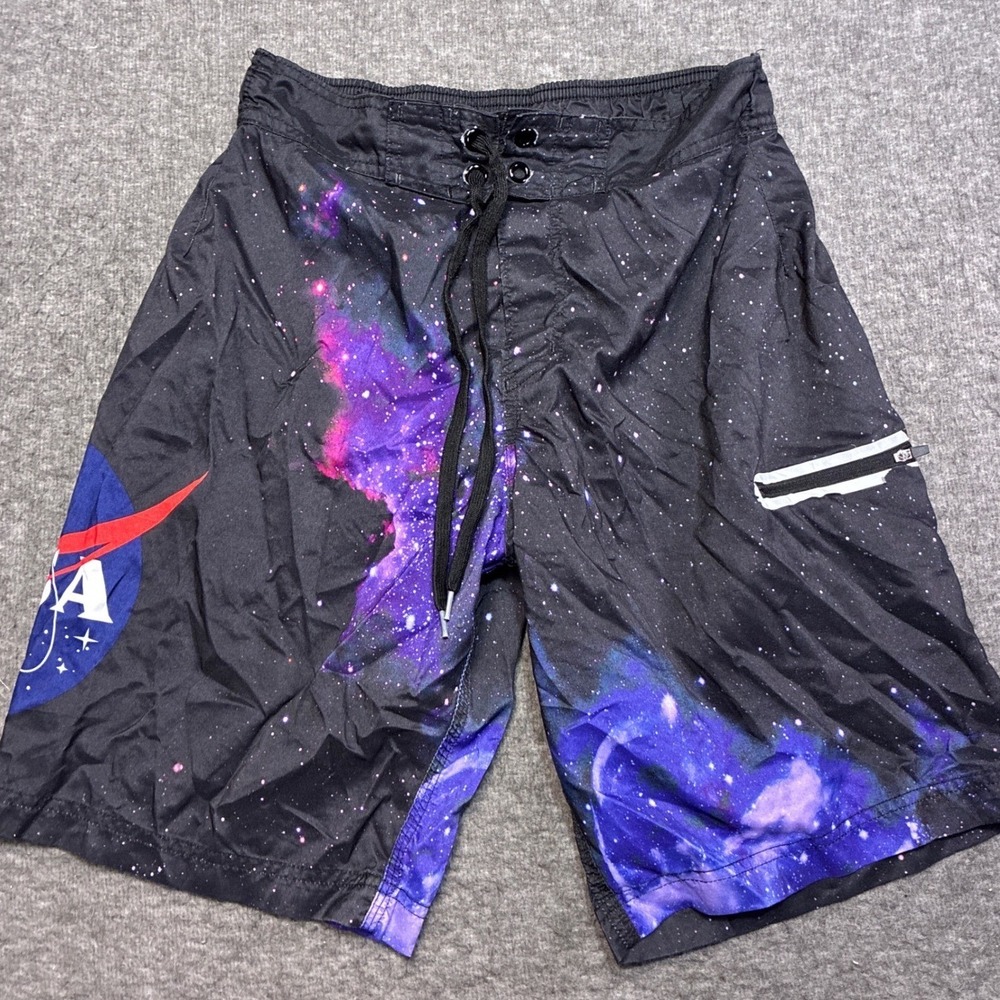 Buzz Aldrin NASA Board Shorts Mens Small Black Galaxy Space Print Swim